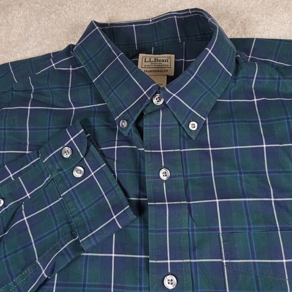 L.L.Bean Shirt Mens XL Regular Green Blue Plaid Traditional Fit Button Down